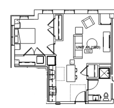 Floor plan for 1 bed, 1 bath, 605 sqft